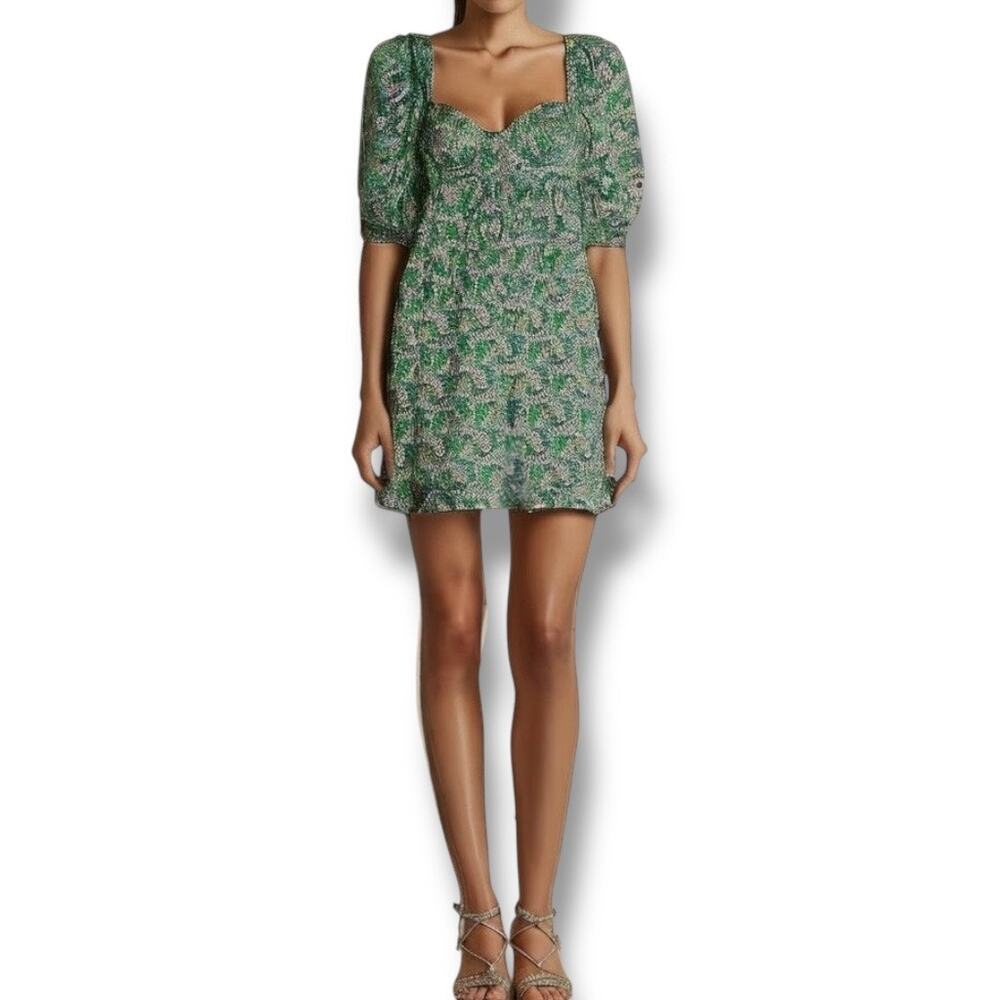 For Love & Lemons Size XS Puff Sleeve Milkmaid Dress Blue Green Floral Open Back